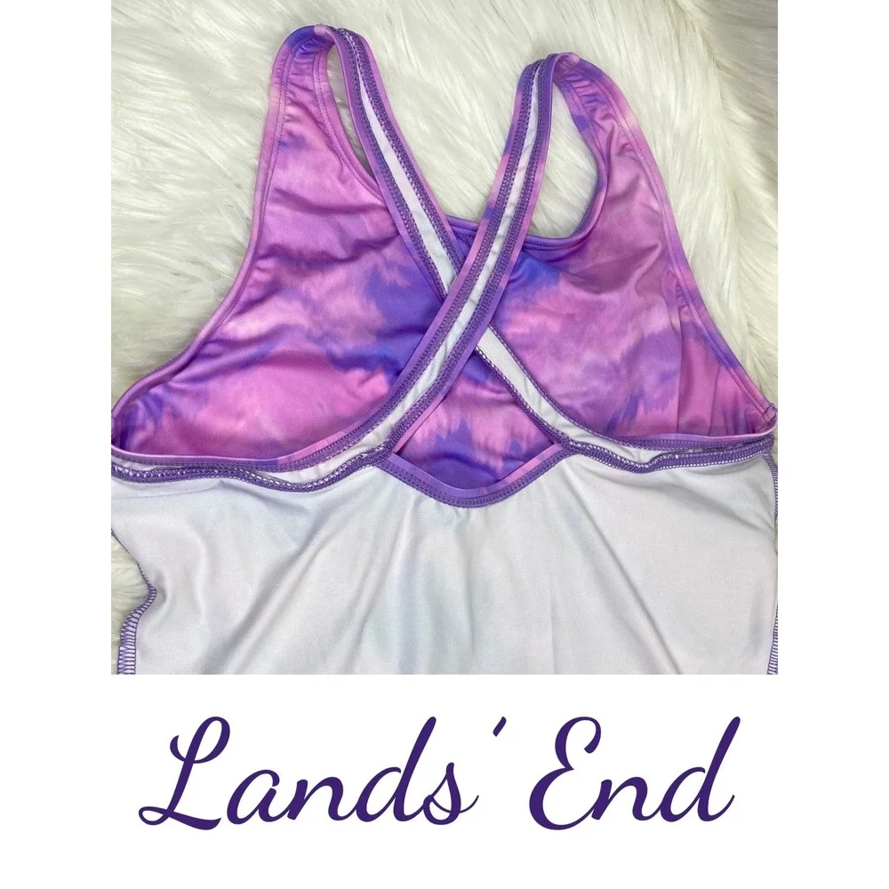 Lands' End‎ Purple Tie Dye One Piece Swimsuit Kids Size 16 Crisscross Straps